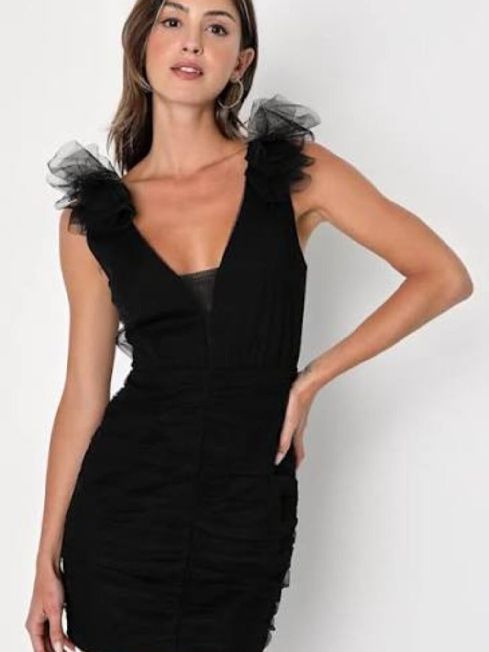 NWOT Peak Poise Black Tulle Ruffled Bodycon Mini Dress